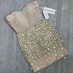 Nwt Eleni Elias beaded stone gold glitter strapless formal prom night out dress